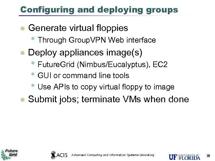 Configuring and deploying groups Generate virtual floppies Deploy appliances image(s) Submit jobs; terminate VMs