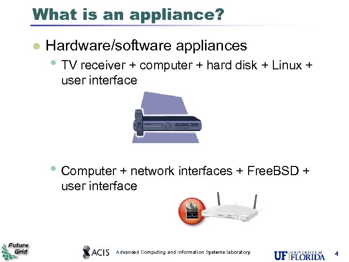 What is an appliance? Hardware/software appliances • TV receiver + computer + hard disk