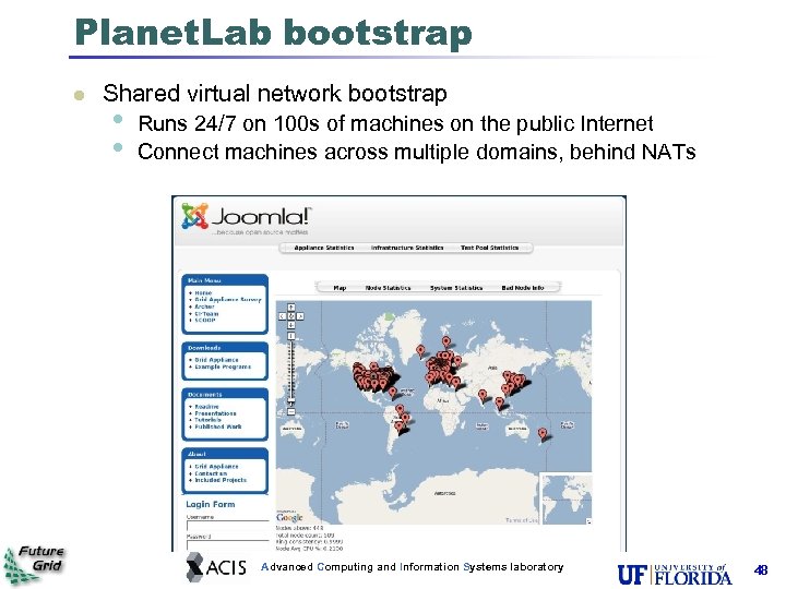 Planet. Lab bootstrap Shared virtual network bootstrap • • Runs 24/7 on 100 s