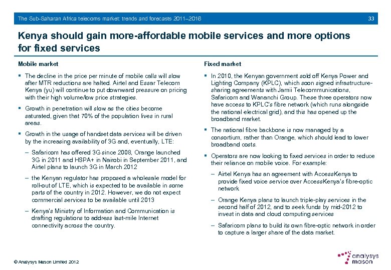 33 The Sub-Saharan Africa telecoms market: trends and forecasts 2011– 2016 Kenya should gain