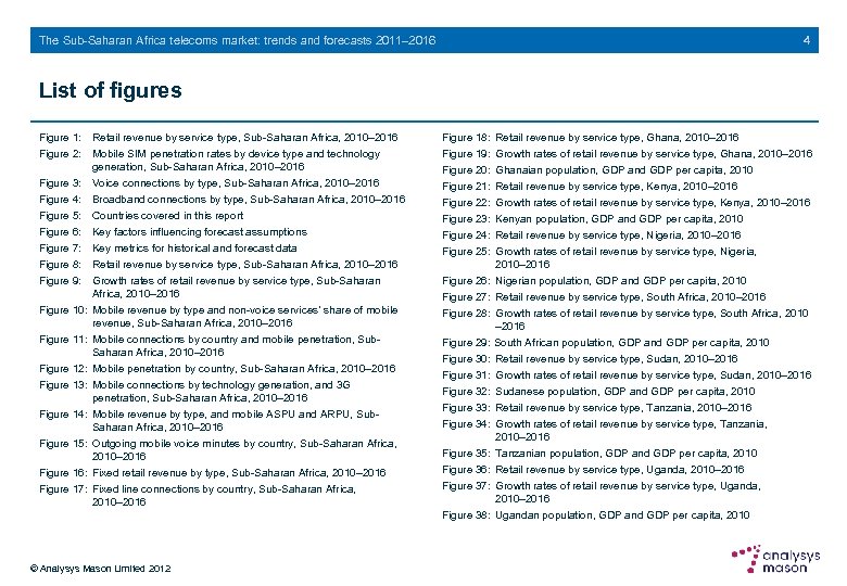 The Sub-Saharan Africa telecoms market: trends and forecasts 2011– 2016 4 List of figures
