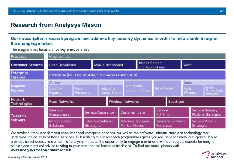 The Sub-Saharan Africa telecoms market: trends and forecasts 2011– 2016 Research from Analysys Mason