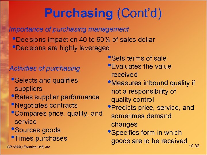 Purchasing (Cont’d) Importance of purchasing management • Decisions impact on 40 to 60% of