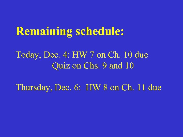 Remaining schedule: Today, Dec. 4: HW 7 on Ch. 10 due Quiz on Chs.