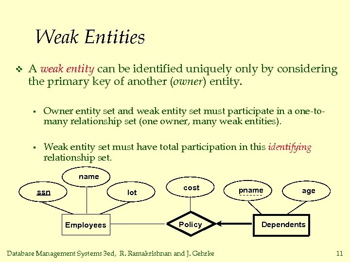 Weak Entities v A weak entity can be identified uniquely only by considering the