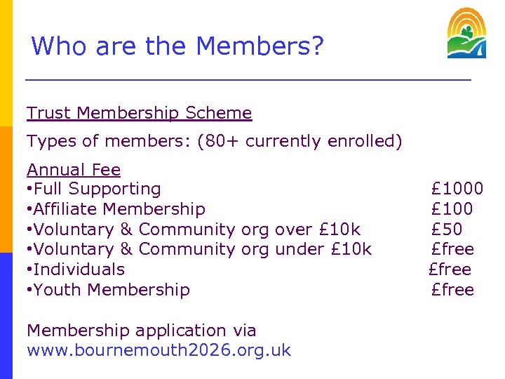 Who are the Members? Trust Membership Scheme Types of members: (80+ currently enrolled) Annual