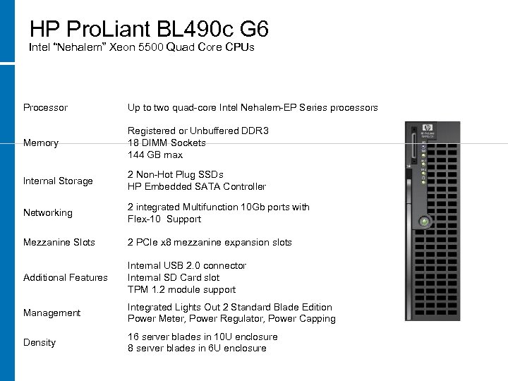HP Pro. Liant BL 490 c G 6 Intel “Nehalem” Xeon 5500 Quad Core