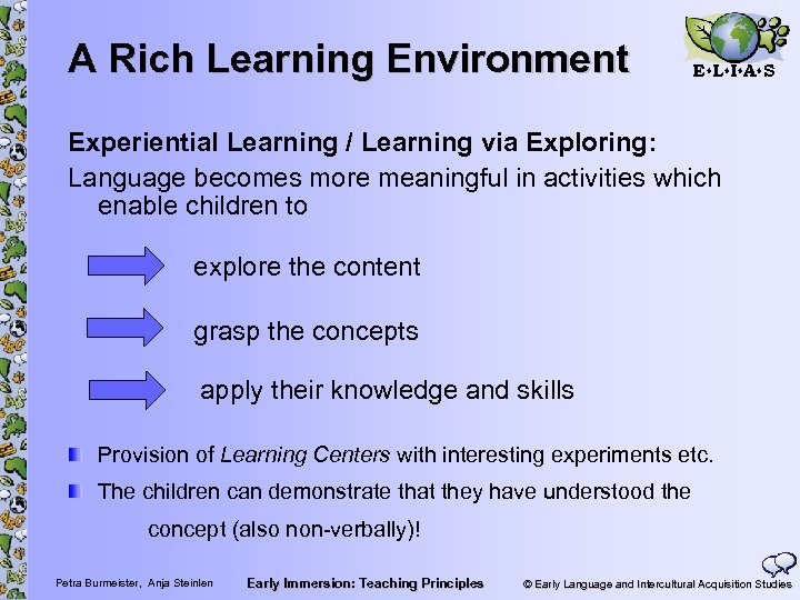 A Rich Learning Environment E L I A S Experiential Learning / Learning via
