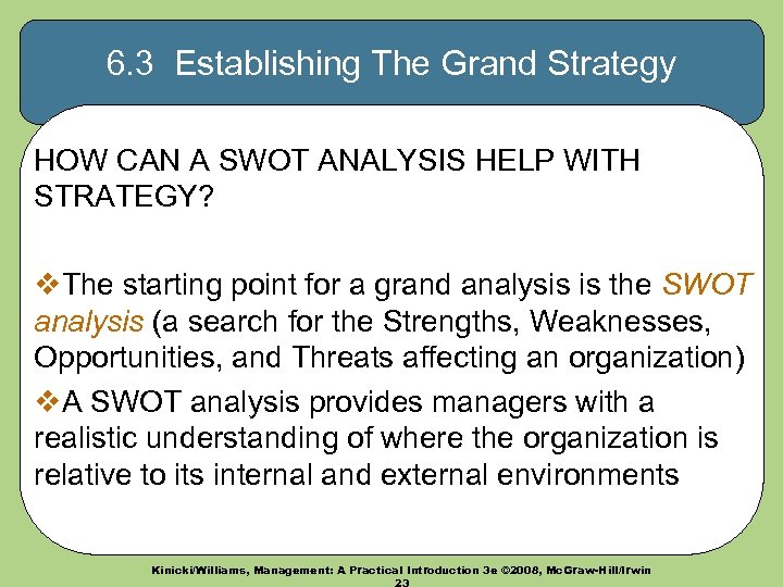 6. 3 Establishing The Grand Strategy HOW CAN A SWOT ANALYSIS HELP WITH STRATEGY?