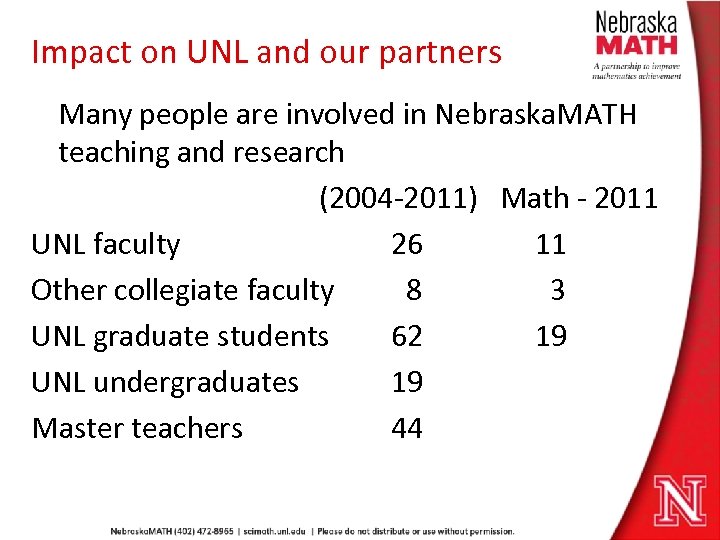 Impact on UNL and our partners Many people are involved in Nebraska. MATH teaching