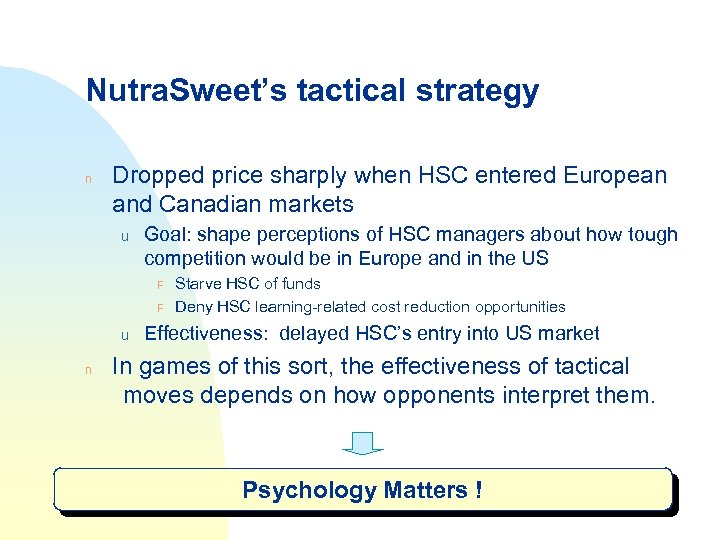Nutra. Sweet’s tactical strategy n Dropped price sharply when HSC entered European and Canadian