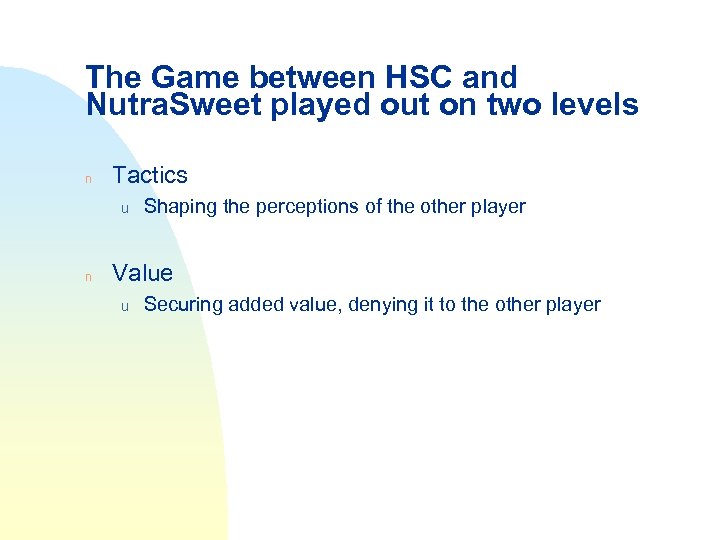 The Game between HSC and Nutra. Sweet played out on two levels n Tactics