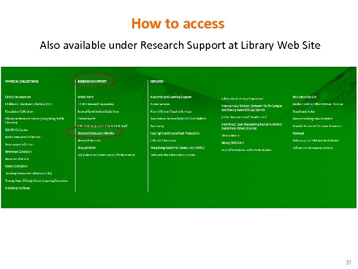 How to access Also available under Research Support at Library Web Site 31 