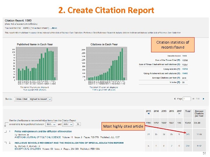 2. Create Citation Report Citation statistics of records found Most highly cited article 51