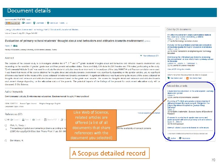 Like Web of Science, related articles are offered (a list of all documents that
