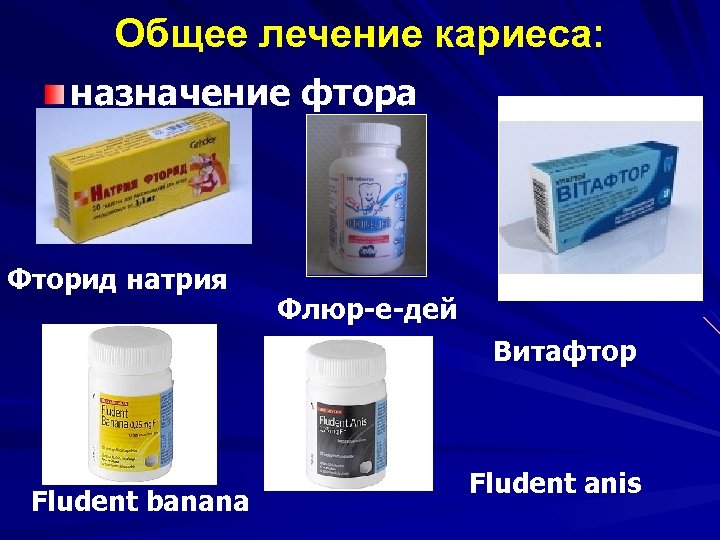 Общее лечение кариеса: назначение фтора Фторид натрия Флюр-е-дей Витафтор Fludent banana Fludent anis 
