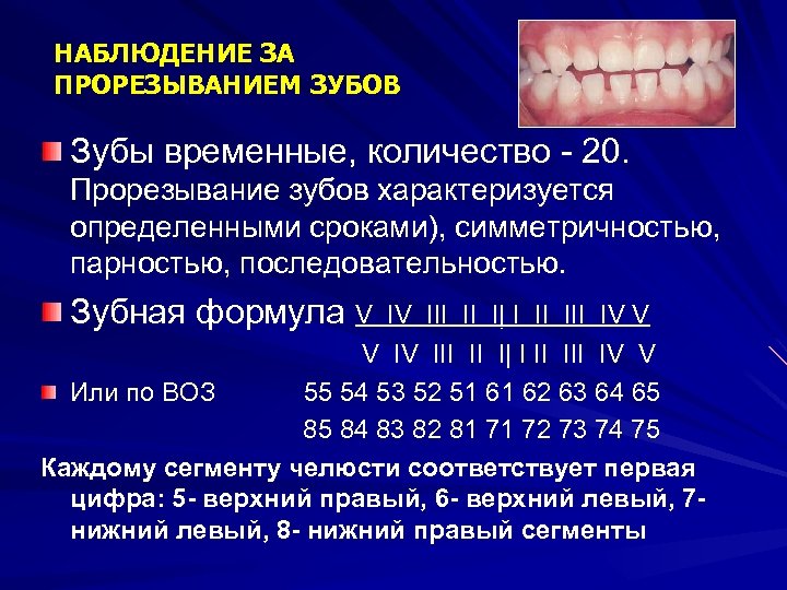 НАБЛЮДЕНИЕ ЗА ПРОРЕЗЫВАНИЕМ ЗУБОВ Зубы временные, количество - 20. Прорезывание зубов характеризуется определенными сроками),