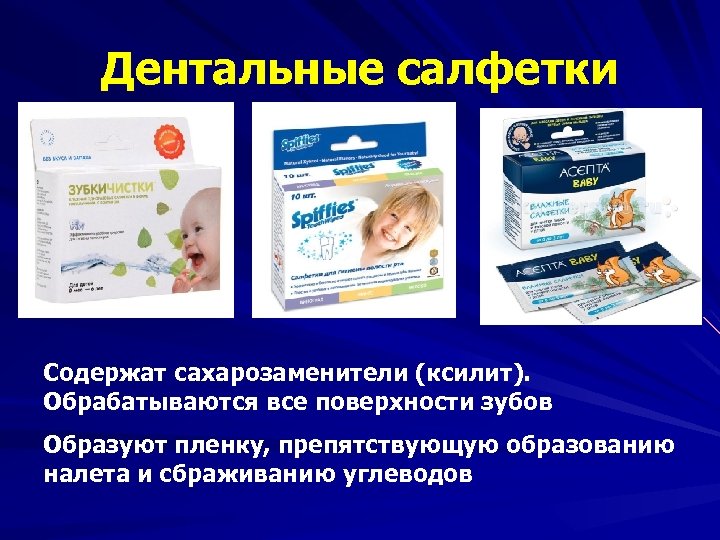 Дентальные салфетки Содержат сахарозаменители (ксилит). Обрабатываются все поверхности зубов Образуют пленку, препятствующую образованию налета