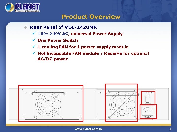 Product Overview u Rear Panel of VDL-2420 MR ü 100~240 V AC, universal Power