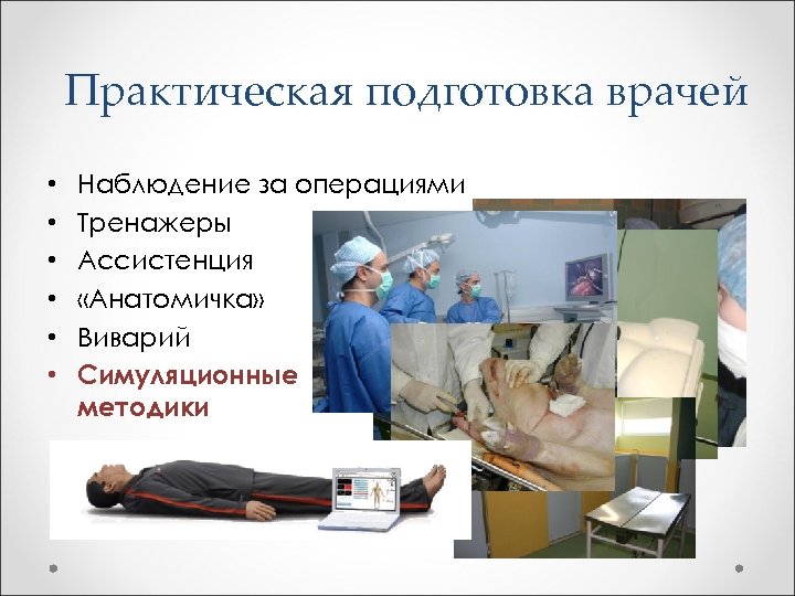 Практическая подготовка врачей • • • Наблюдение за операциями Тренажеры Ассистенция «Анатомичка» Виварий Симуляционные