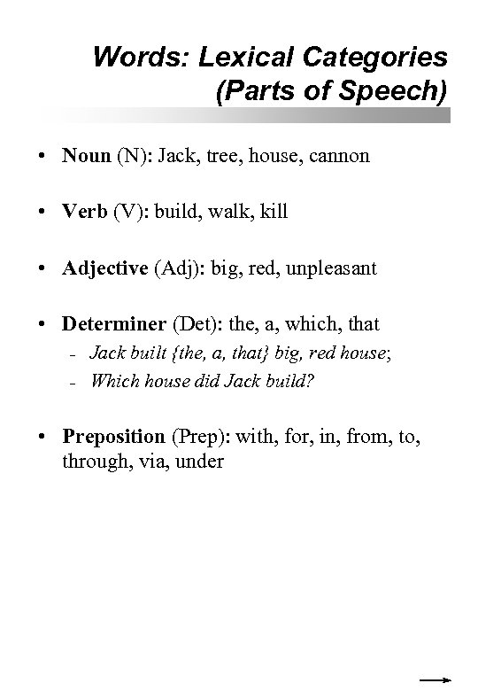 Words: Lexical Categories (Parts of Speech) • Noun (N): Jack, tree, house, cannon •