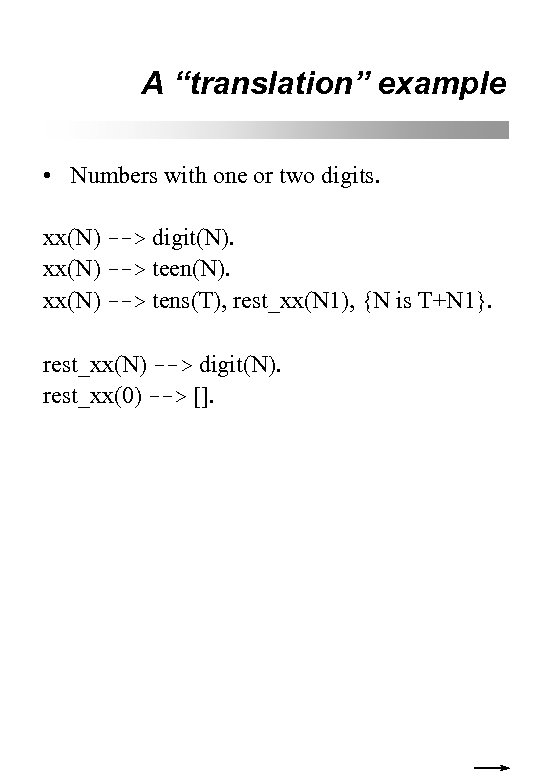 A “translation” example • Numbers with one or two digits. xx(N) --> digit(N). xx(N)