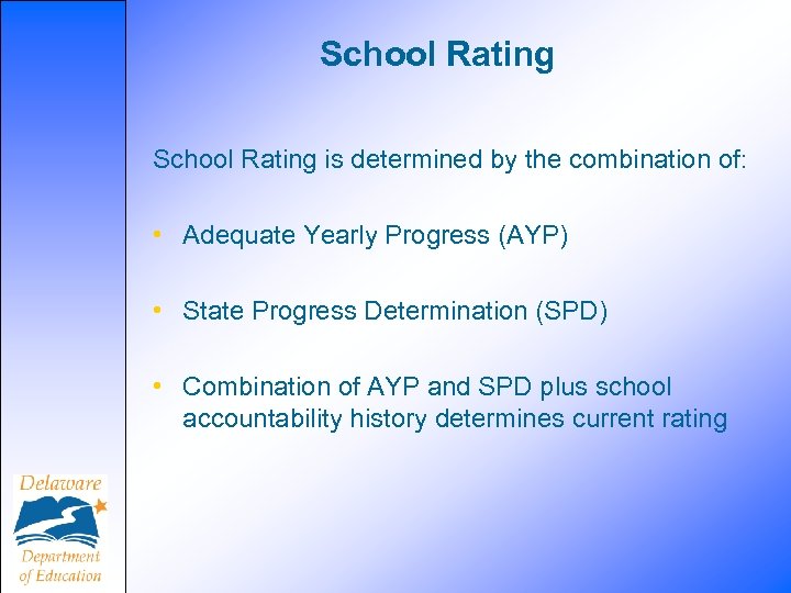 School Rating is determined by the combination of: • Adequate Yearly Progress (AYP) •