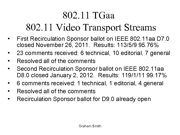 802. 11 TGaa 802. 11 Video Transport Streams • • First Recirculation Sponsor ballot