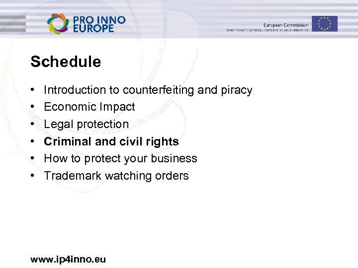 Schedule • • • Introduction to counterfeiting and piracy Economic Impact Legal protection Criminal