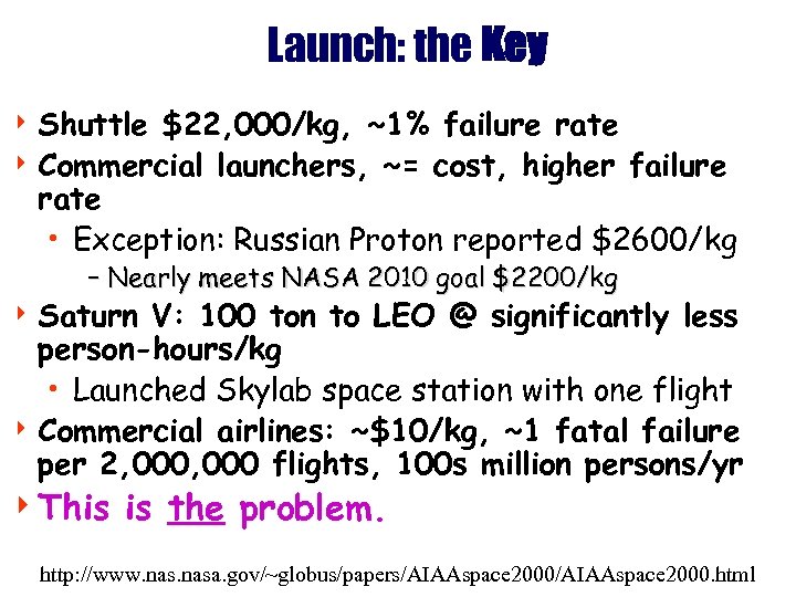 Launch: the Key 4 Shuttle $22, 000/kg, ~1% failure rate 4 Commercial launchers, ~=