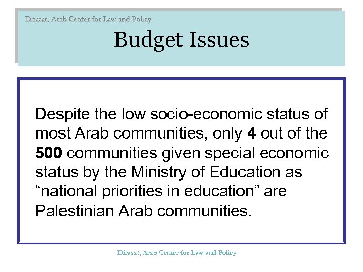 Dirasat, Arab Center for Law and Policy Budget Issues Despite the low socio-economic status