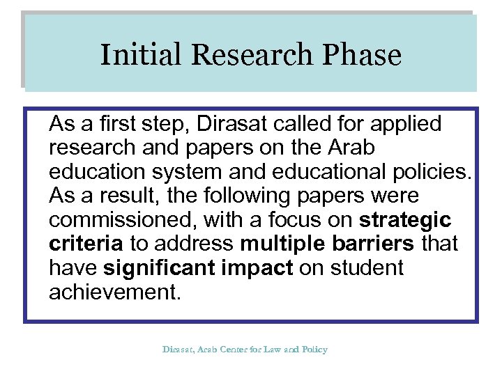 Initial Research Phase As a first step, Dirasat called for applied research and papers