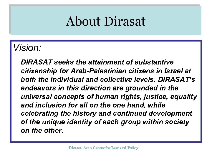 About Dirasat Vision: DIRASAT seeks the attainment of substantive citizenship for Arab-Palestinian citizens in