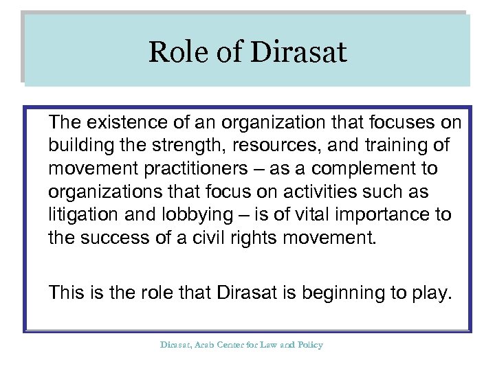 Role of Dirasat The existence of an organization that focuses on building the strength,