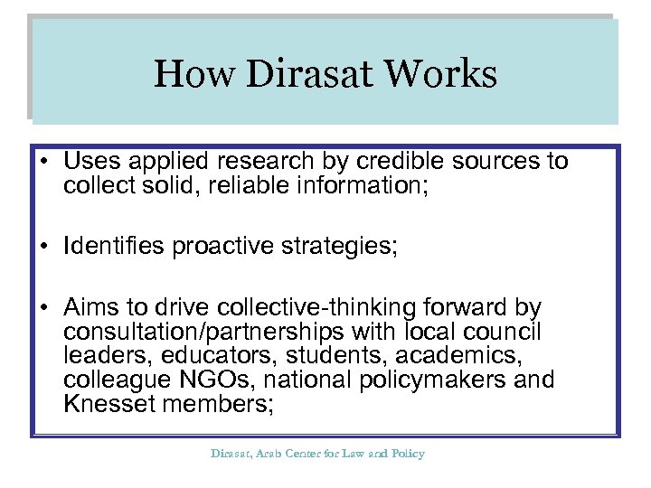 How Dirasat Works • Uses applied research by credible sources to collect solid, reliable