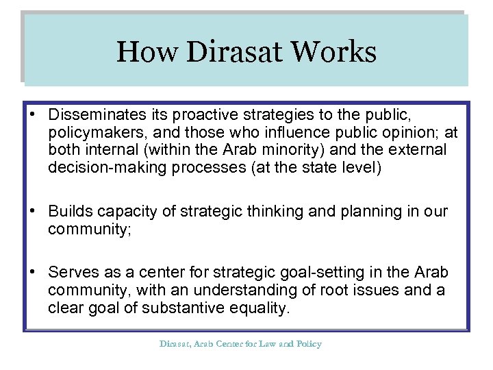 How Dirasat Works • Disseminates its proactive strategies to the public, policymakers, and those