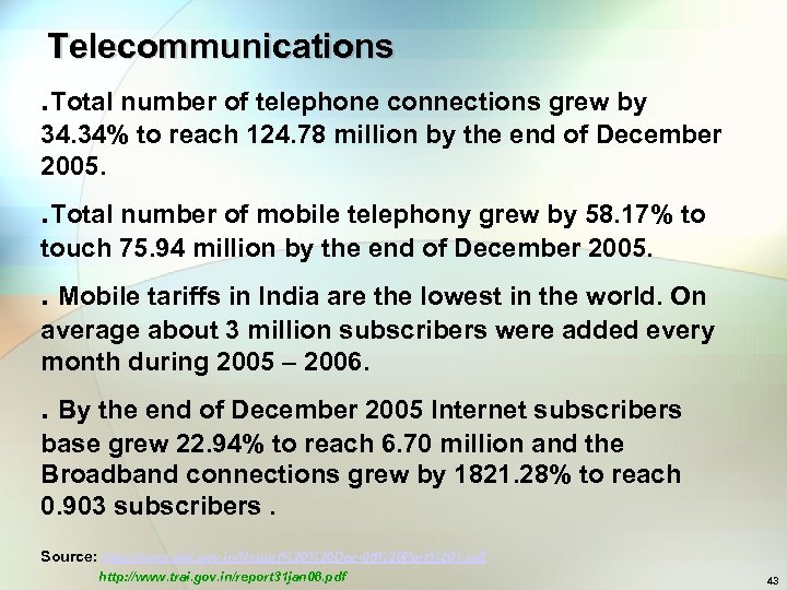 Telecommunications. Total number of telephone connections grew by 34. 34% to reach 124. 78