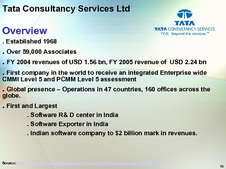 Tata Consultancy Services Ltd Overview. Established 1968 . Over 59, 000 Associates. FY 2004