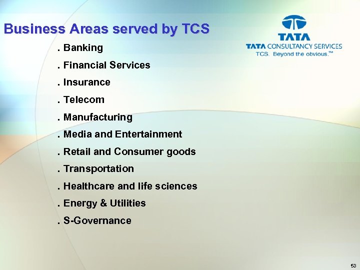 Business Areas served by TCS. Banking. Financial Services. Insurance. Telecom. Manufacturing. Media and Entertainment.