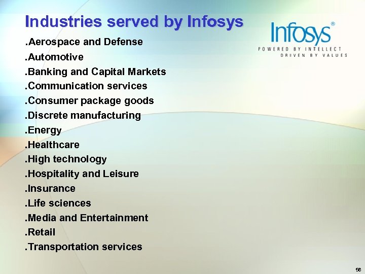 Industries served by Infosys. Aerospace and Defense. Automotive. Banking and Capital Markets. Communication services.