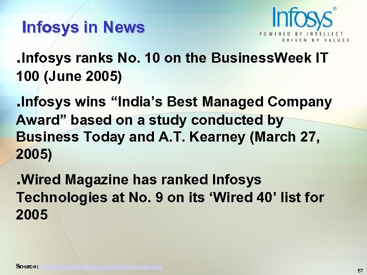 Infosys in News . Infosys ranks No. 10 on the Business. Week IT 100