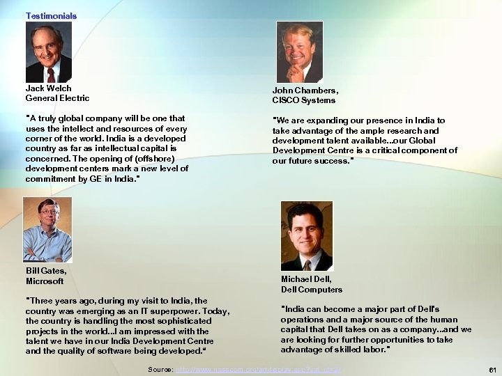 Testimonials Jack Welch General Electric John Chambers, CISCO Systems 