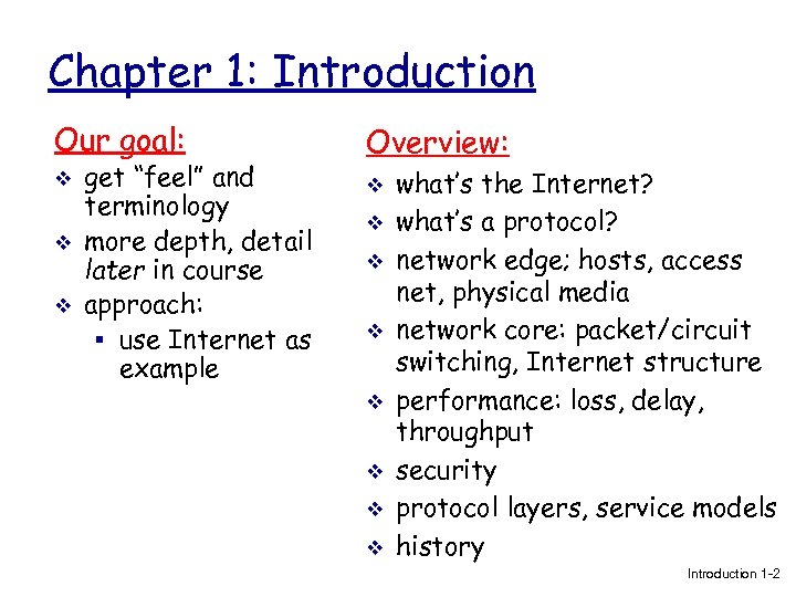 Chapter 1: Introduction Our goal: Overview: v v get “feel” and terminology more depth,