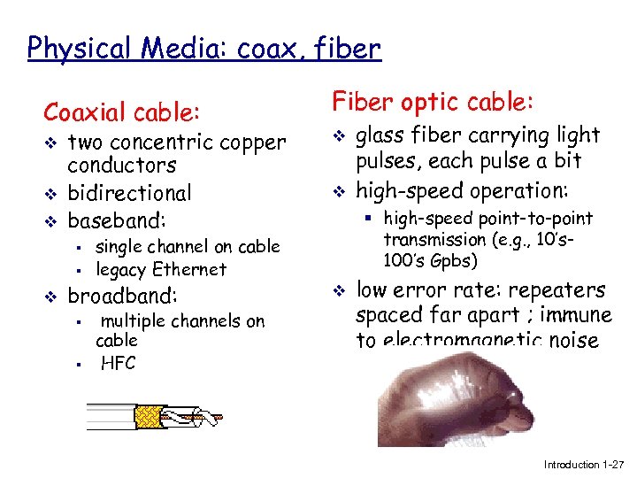 Physical Media: coax, fiber Coaxial cable: v v v two concentric copper conductors bidirectional