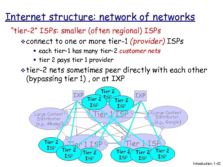Internet structure: network of networks “tier-2” ISPs: smaller (often regional) ISPs v connect to