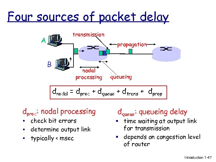 Four sources of packet delay transmission A propagation B nodal processing queueing dnodal =