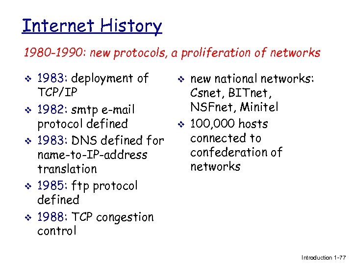 Internet History 1980 -1990: new protocols, a proliferation of networks v v v 1983: