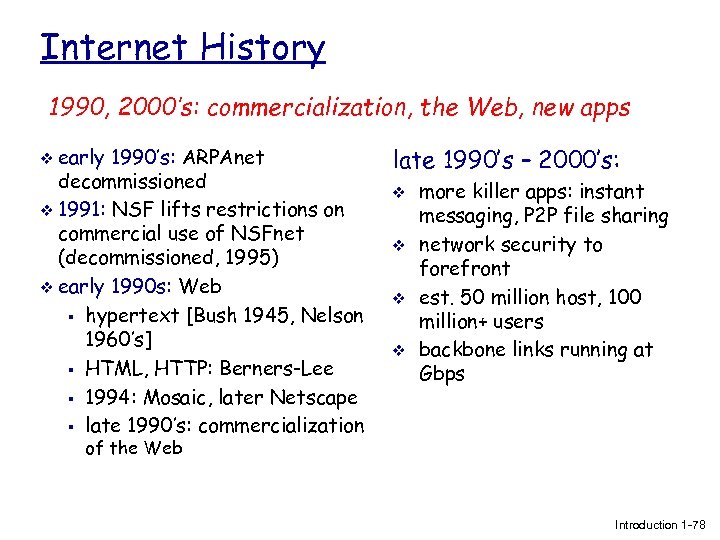 Internet History 1990, 2000’s: commercialization, the Web, new apps v early 1990’s: ARPAnet decommissioned