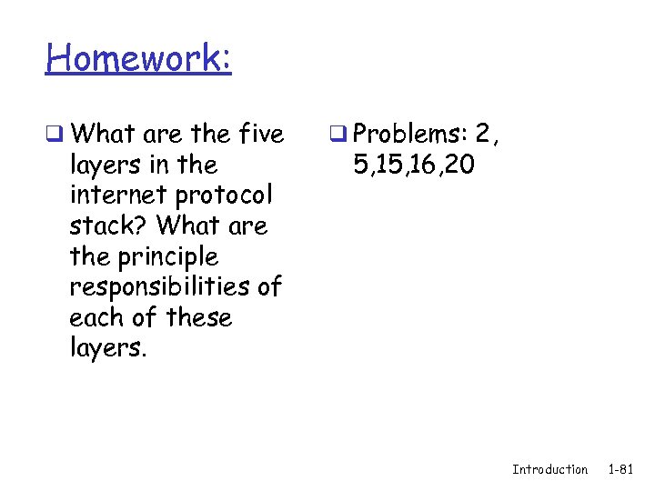 Homework: q What are the five layers in the internet protocol stack? What are