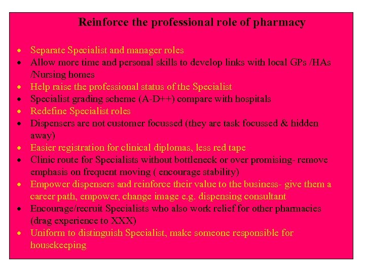 Reinforce the professional role of pharmacy · Separate Specialist and manager roles · Allow